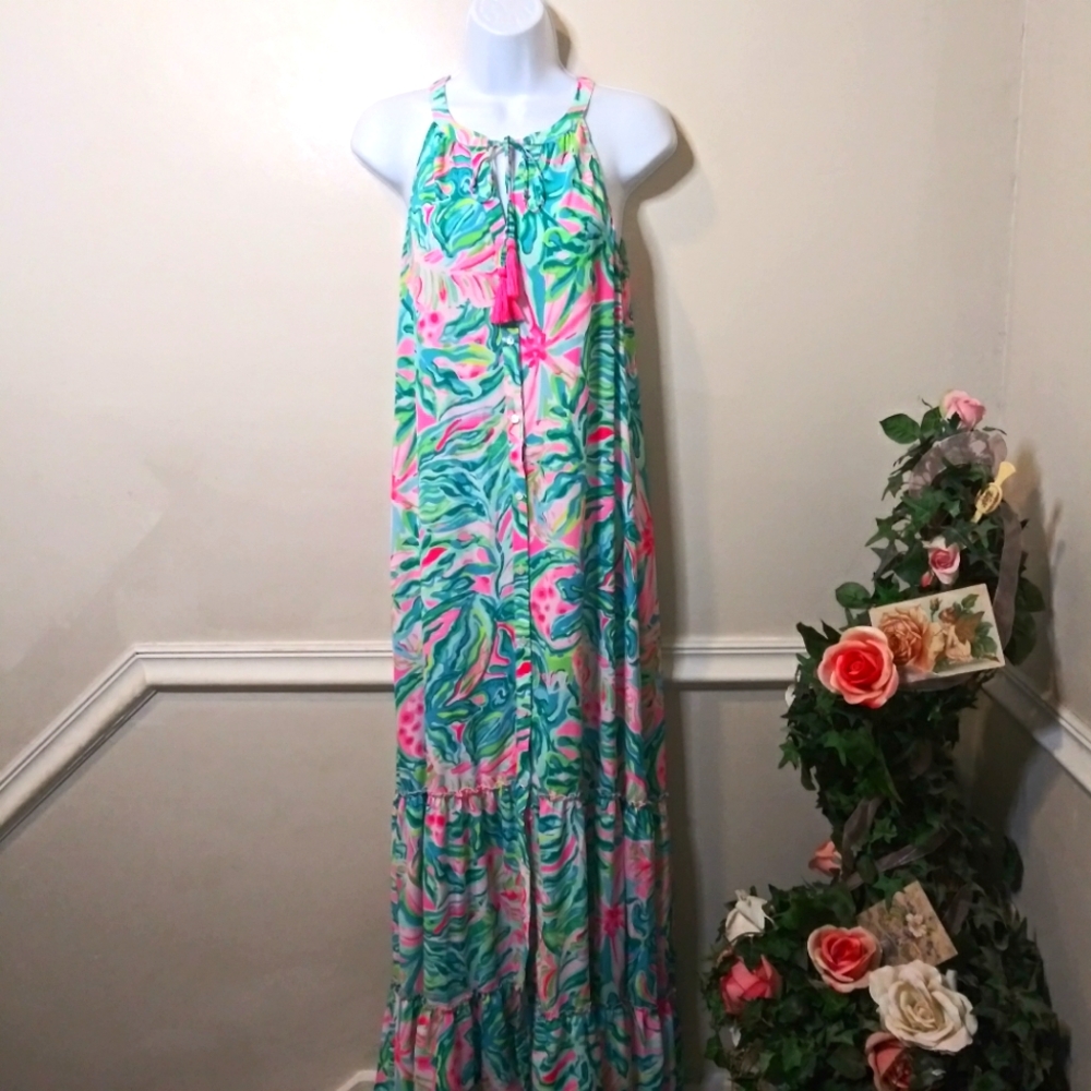 Lilly Pulitzer Luliana One In A Melon Blue Green & Pink Flowy Ruffled Maxi Dress - Picture 9 of 9